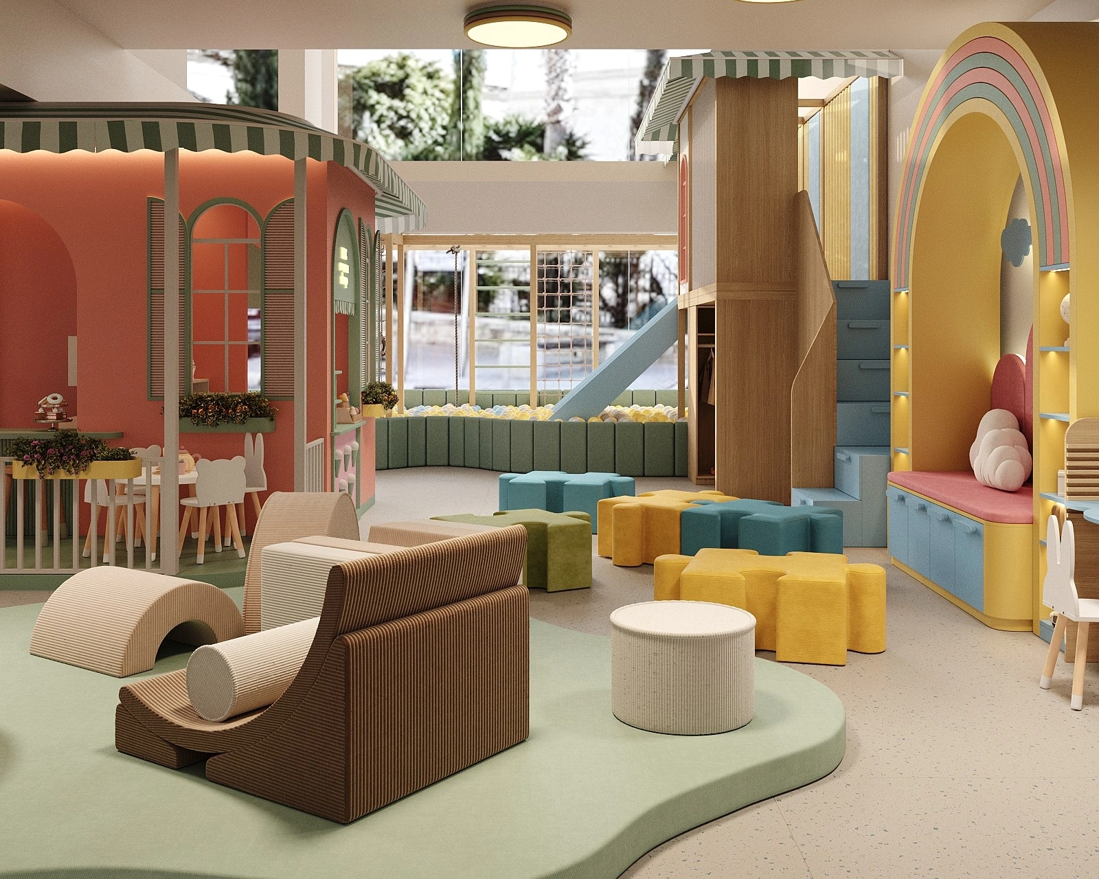 Two-level kids play structure with slide in a custom-designed FeliFam play space