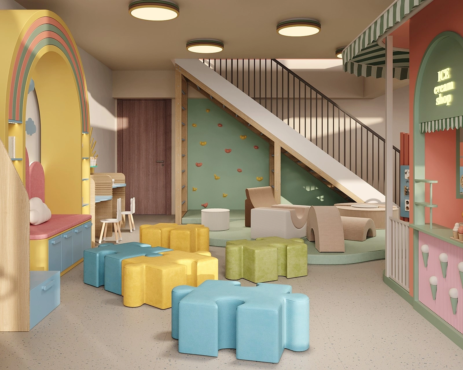 Kids café and role-play zone in a large commercial children’s playroom by FeliFam