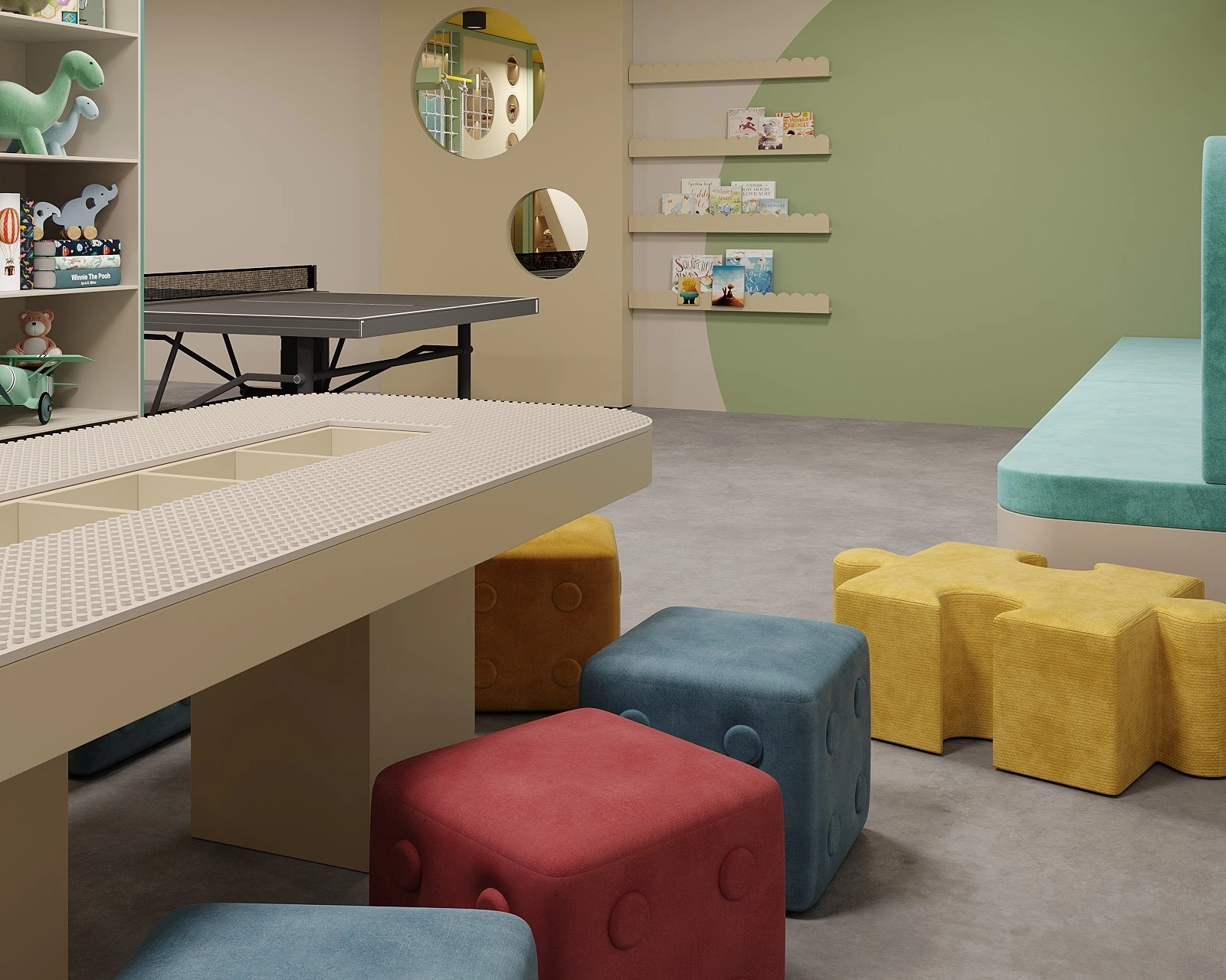 Overview of a modern hotel playroom for children designed by FeliFam