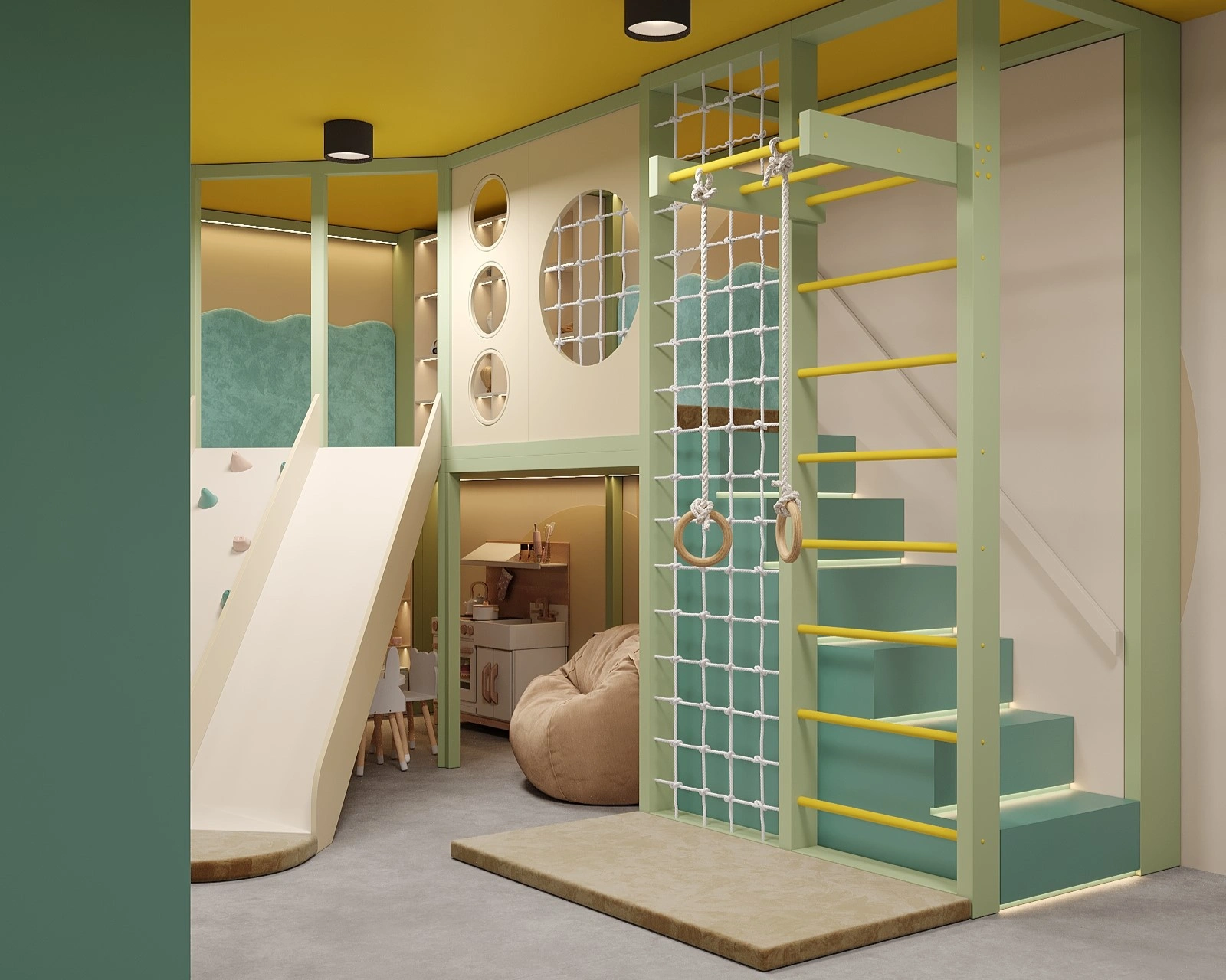 Hotel kids room with creative tables and custom storage by FeliFam
