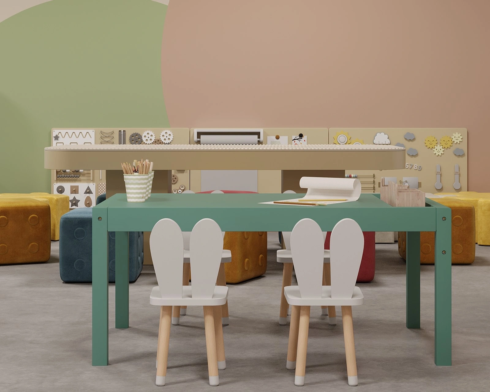 Children’s sports zone with slide and climbing elements in a hotel playroom by FeliFam