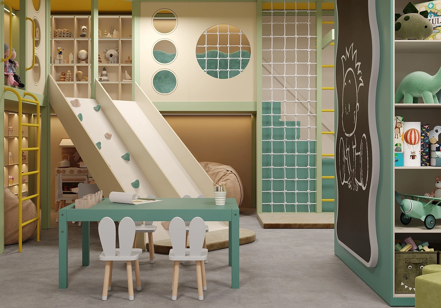 Cozy reading and relaxation corner in a hotel kids playroom designed by FeliFam