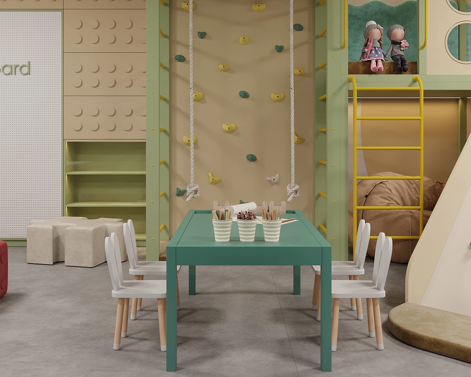 Functional hotel playroom interior with activity zones for children by FeliFam