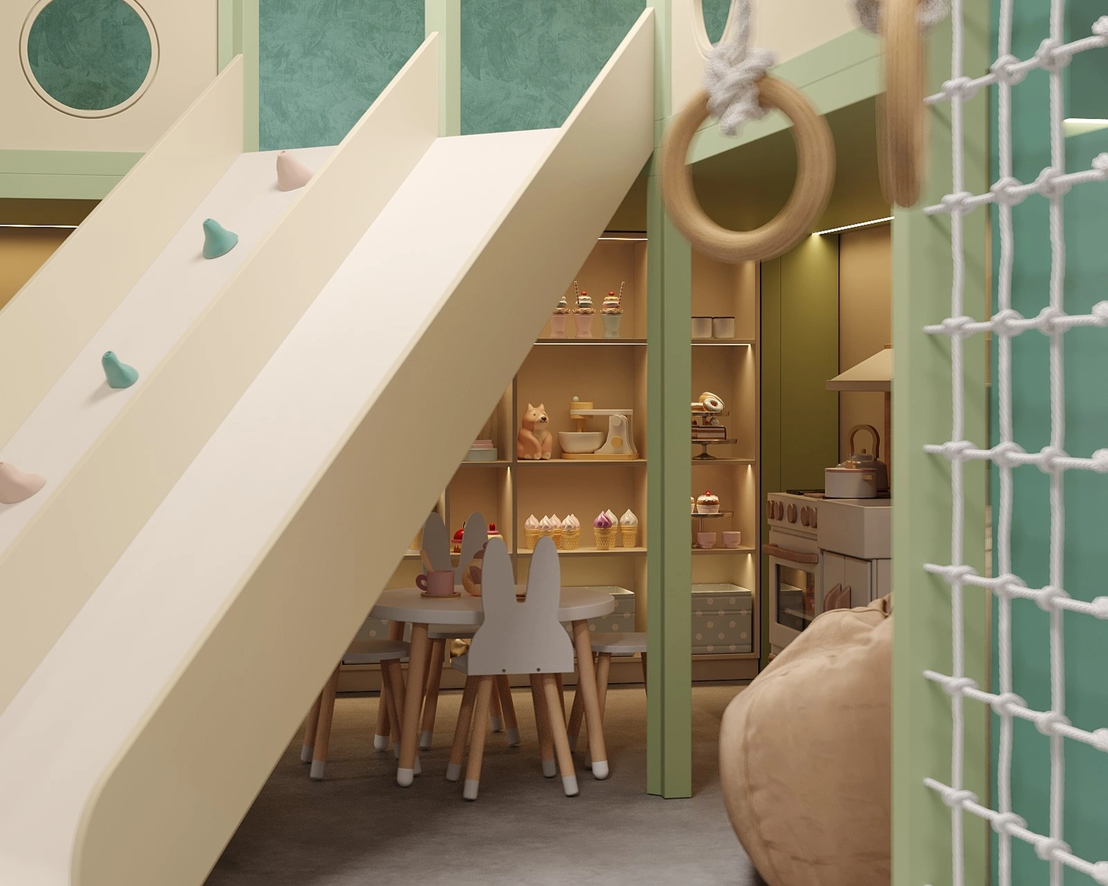 Custom-designed playroom furniture and activity area for a hotel by FeliFam