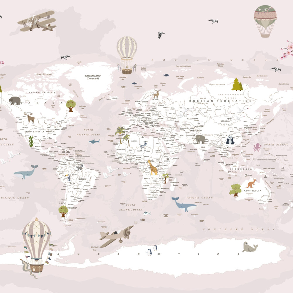 Map with balloons and airplanes in pink