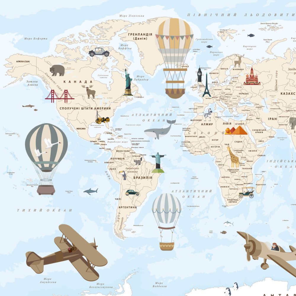 A map with balloons and planes