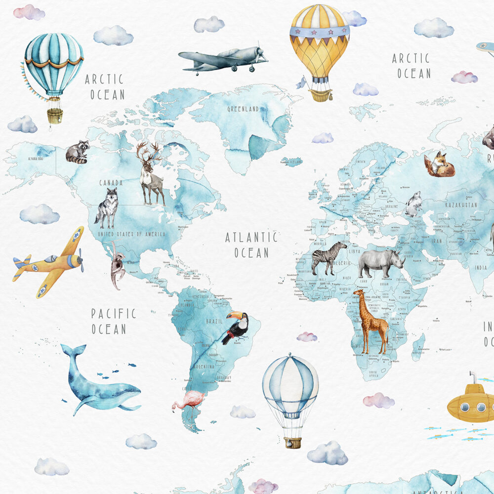 Watercolor map with blue animals