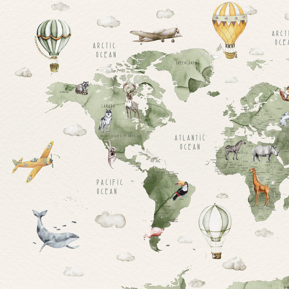 Green watercolor map with animals