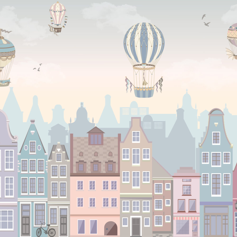 The houses are pink and blue