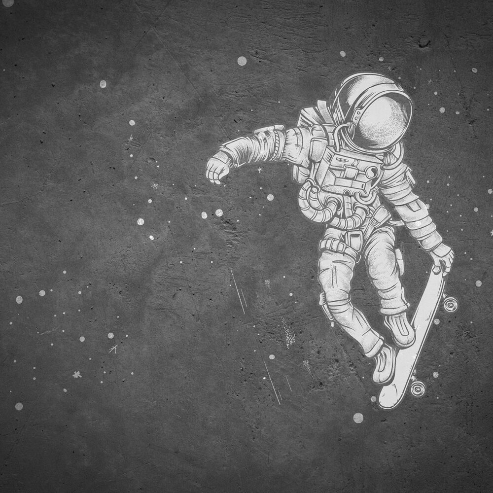 An astronaut on a skateboard
