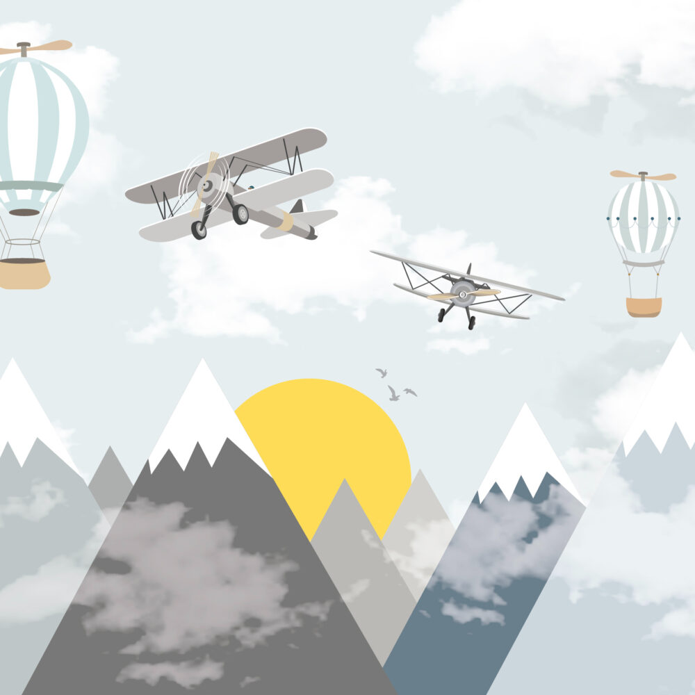 Mountains with sun and planes