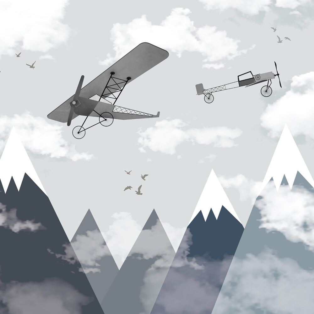 The mountains are gray and blue planes