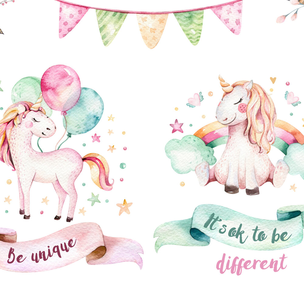 Unicorns with balloons and rainbows