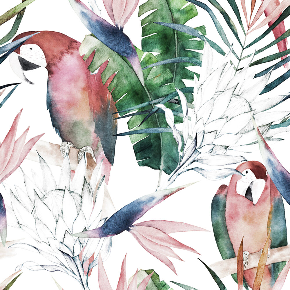 Parrots in tropical leaves