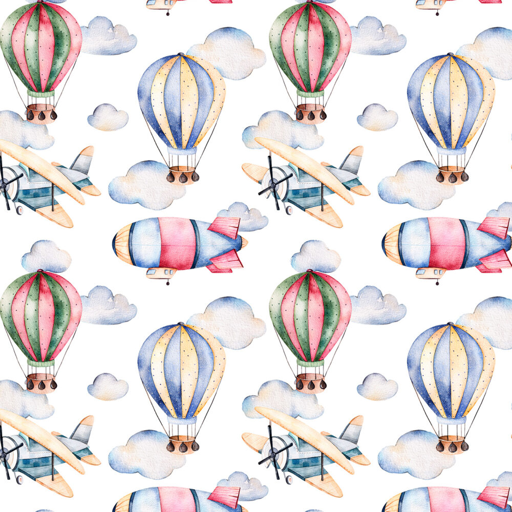 Watercolor balloons and airplanes
