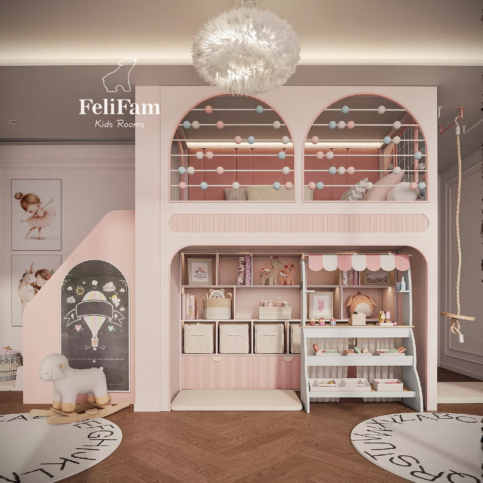 Children's room design - bunk bed with slide