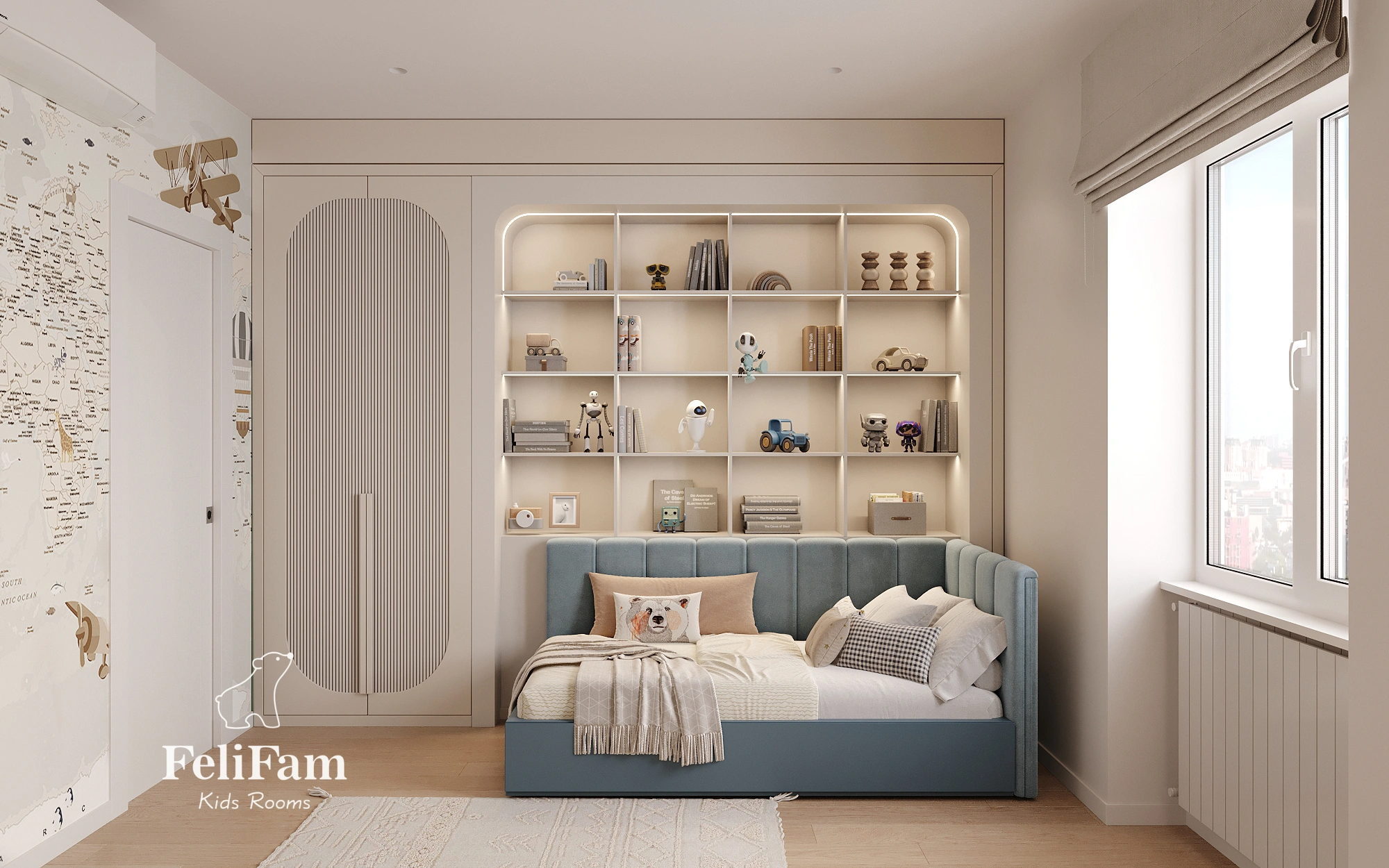 Bed with open shelves behind, blue accent