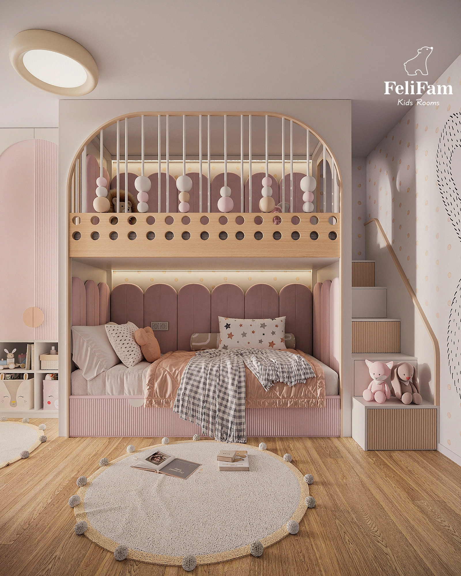 Bunk bed with play area on the second level