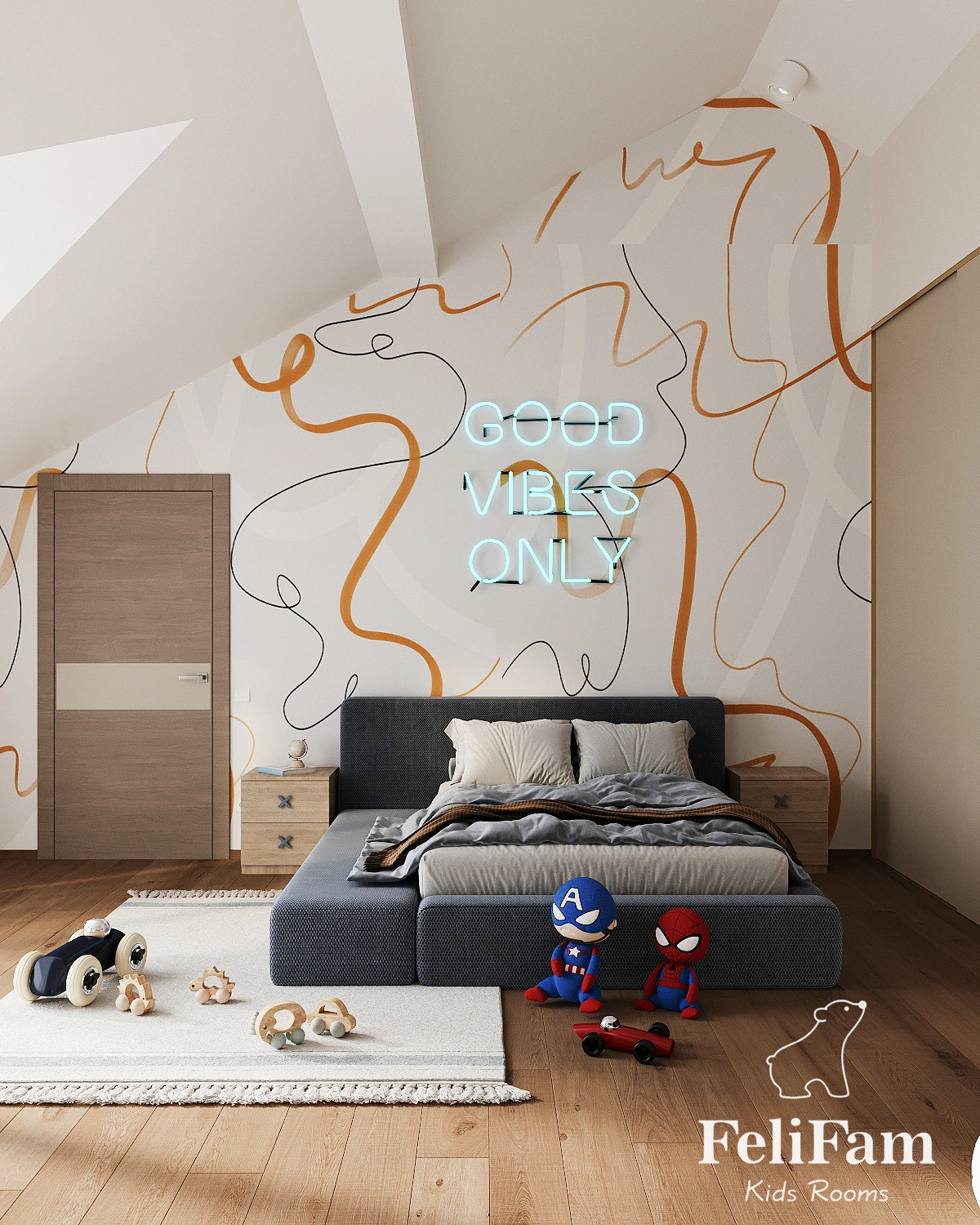 Neon sign above the bed in a teenager's room design