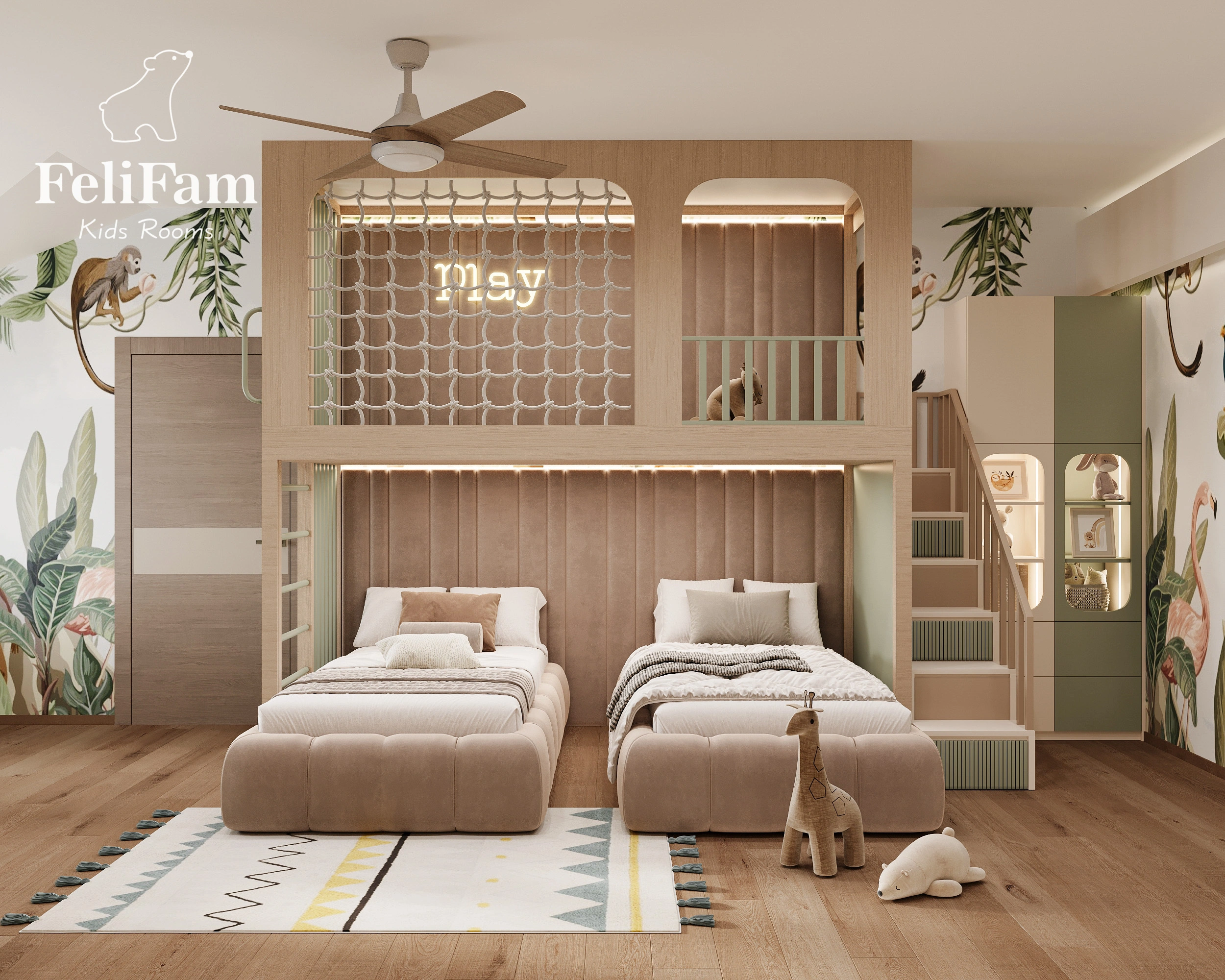 Two-story structure and two separate beds in the children's room