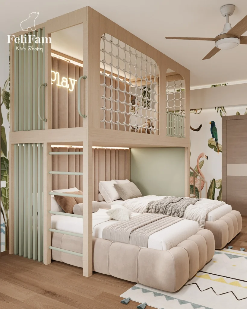 Two-story structure and two separate beds in the children's room