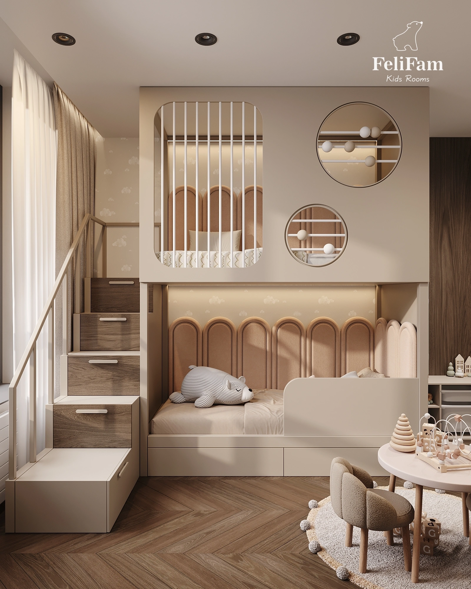 Bunk bed in a children's room for a girl
