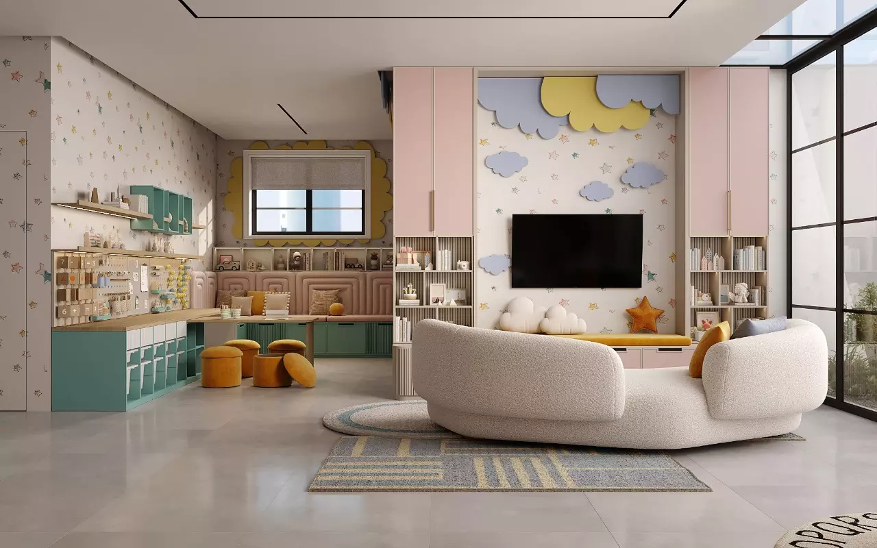 Playroom design featuring the brand colors and overall style of the establishment
