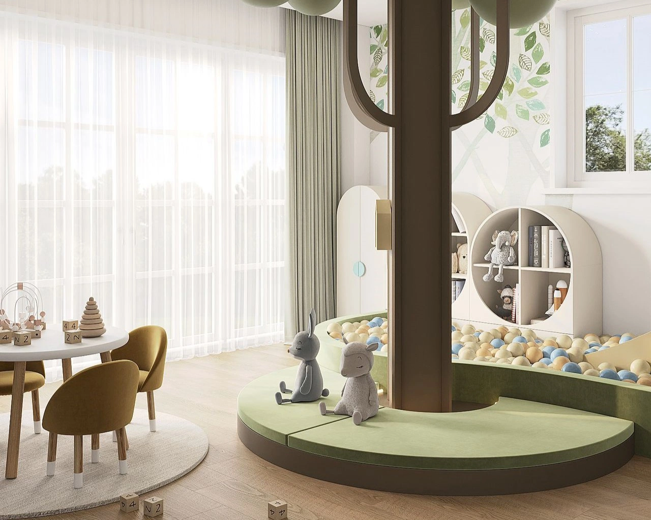 Shop and café role-play zones in a custom-designed kids room by FeliFam