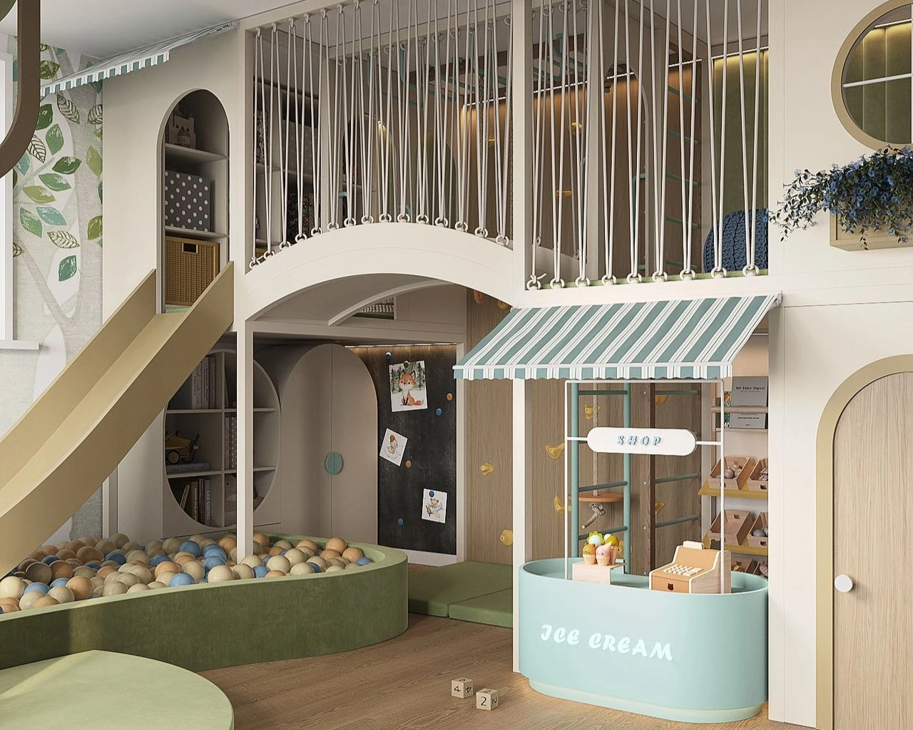 Two-level play structure with slide in a FeliFam children’s playroom