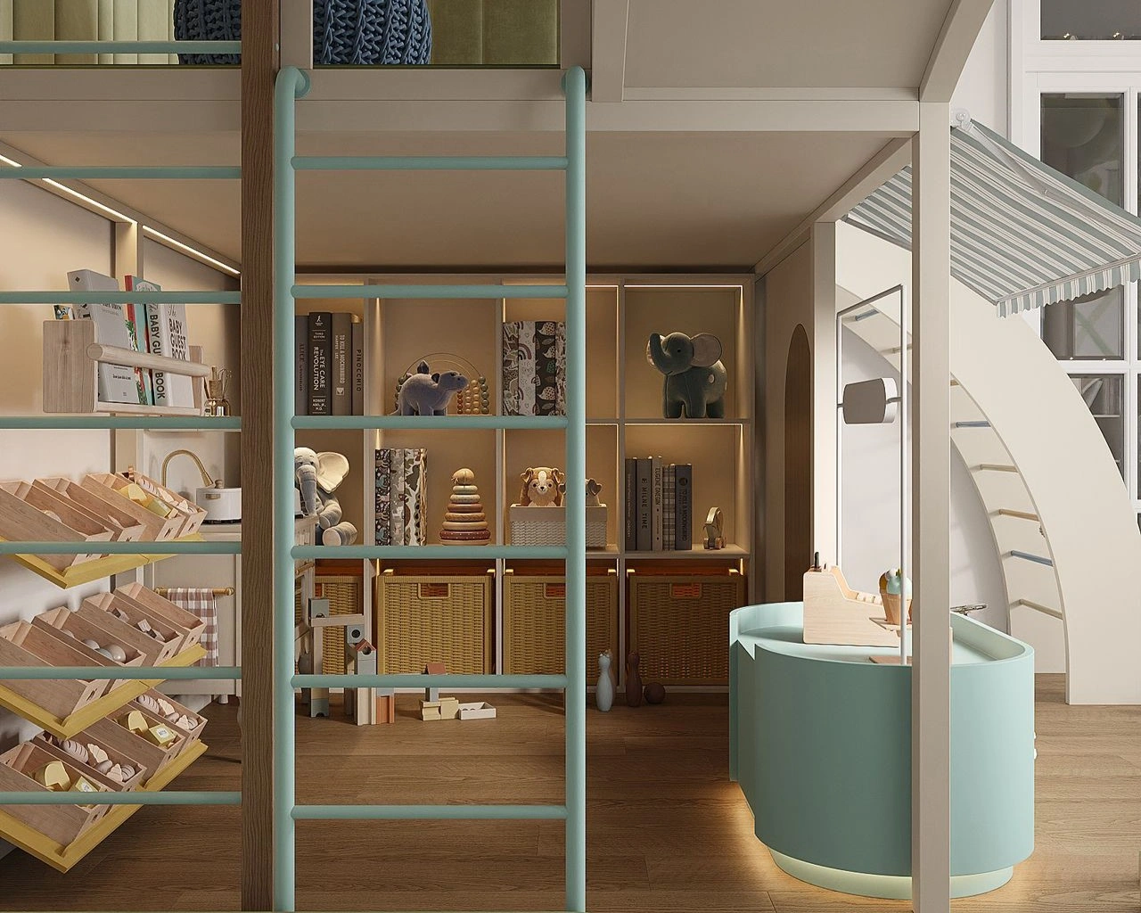 Quiet zone for reading and drawing in a FeliFam children’s playroom