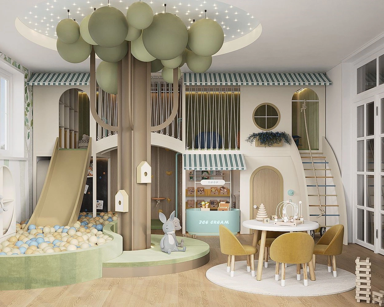 Bright children’s playroom by FeliFam with two-level play structure and role-play areas