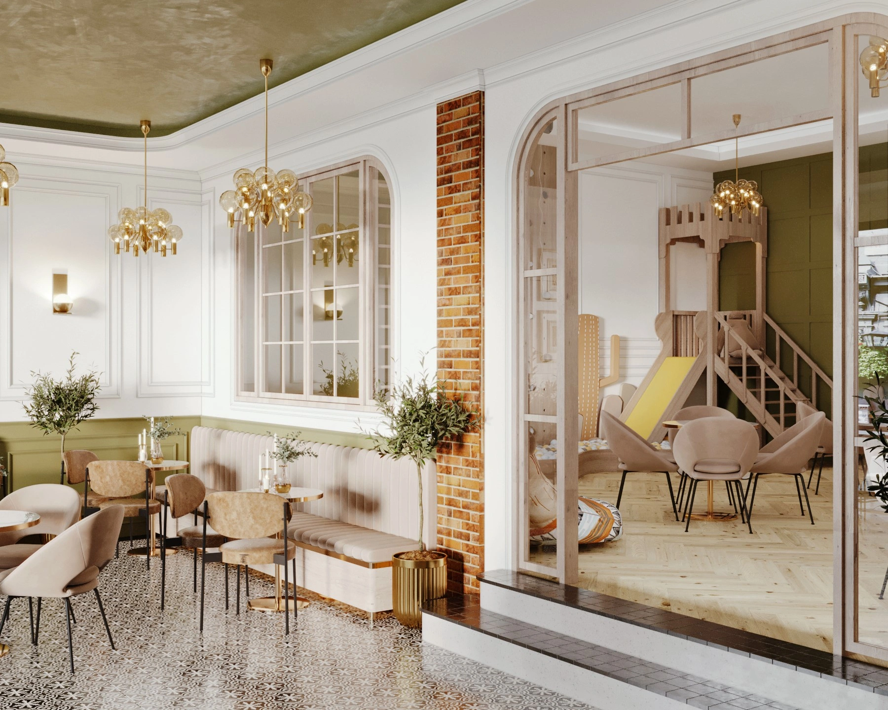 Children’s play zone in a café with slide and safe activity elements by FeliFam