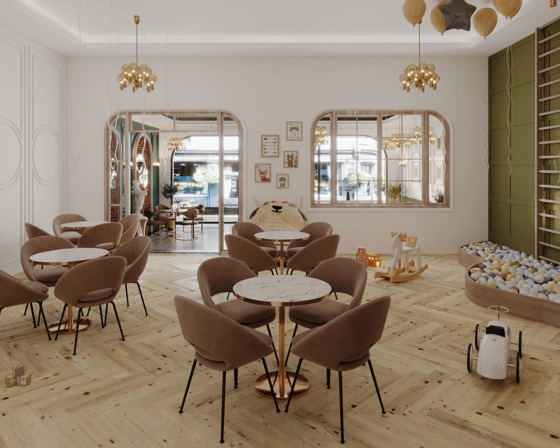 Compact café play area with climbing structure and custom design by FeliFam