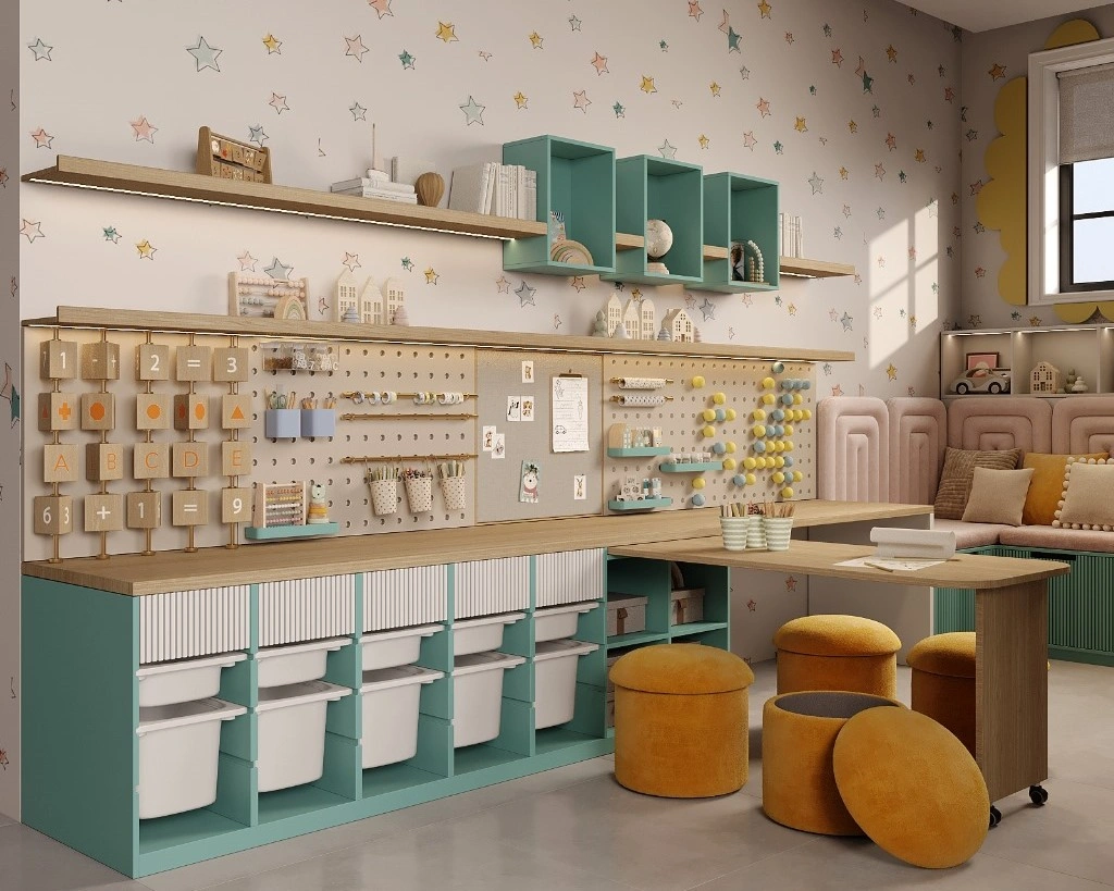 Modern children’s interior with color accents and active play zone by FeliFam