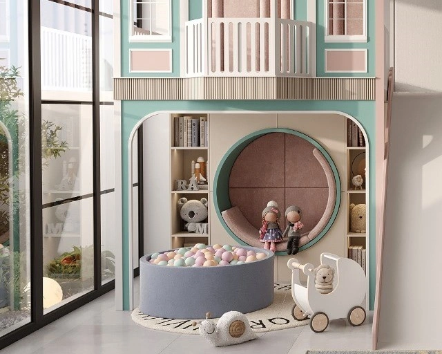 Two-level play structure with slide in a contemporary kids room by FeliFam