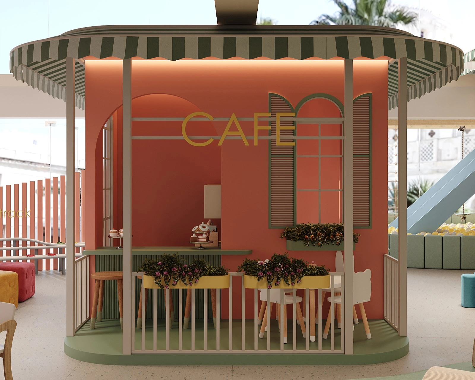 Overview of a large custom kids play space for commercial venue by FeliFam