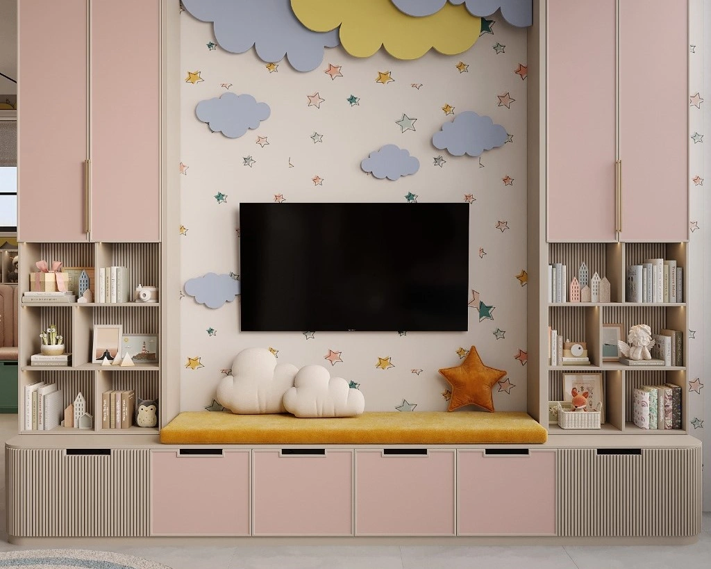 Quiet seating area in a contemporary children’s playroom by FeliFam