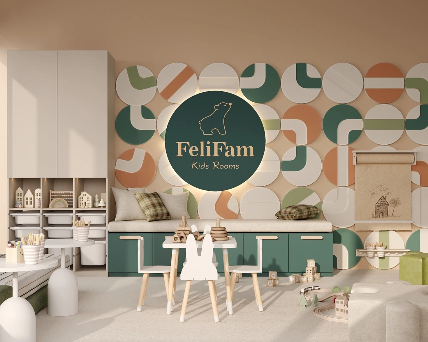 Restaurant kids room with modular soft play furniture designed by FeliFam