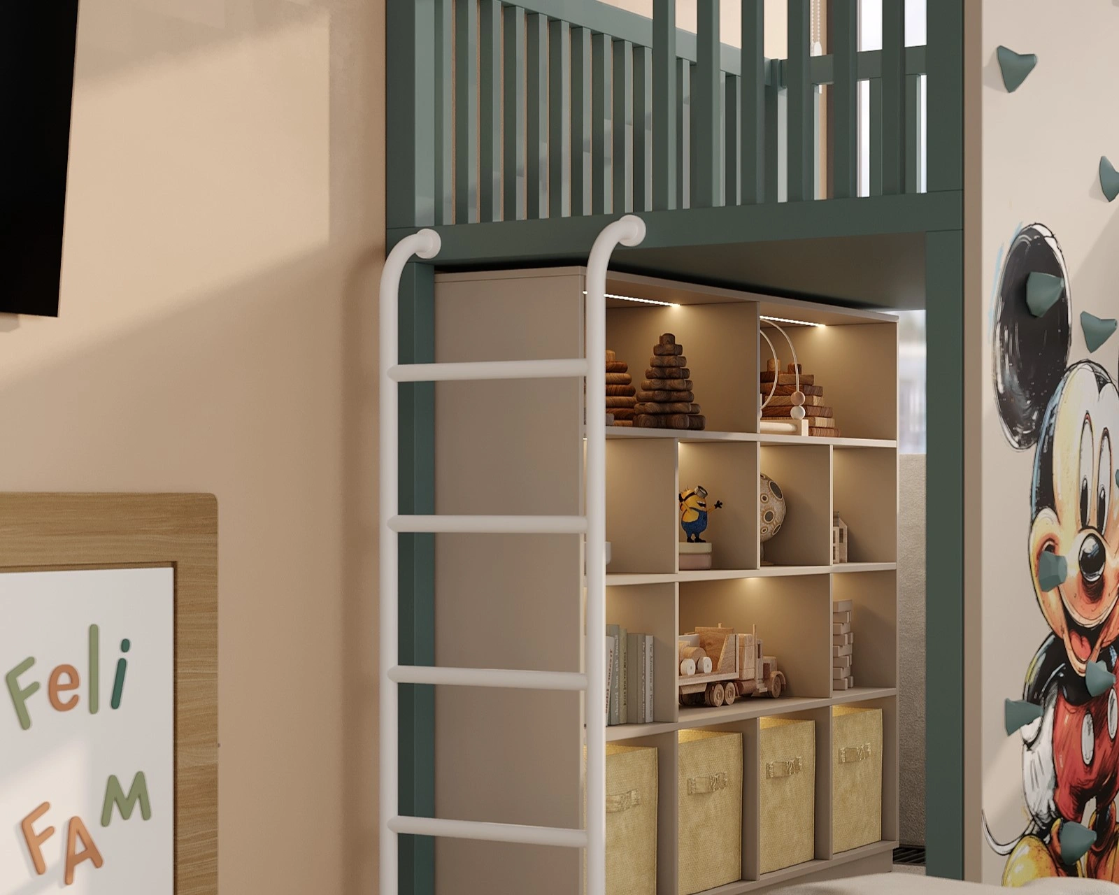 Functional kids zone in a restaurant with storage and safe play features by FeliFam