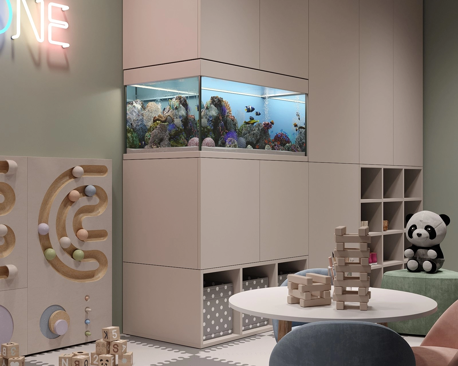 Creative table area for children in a sports club playroom by FeliFam