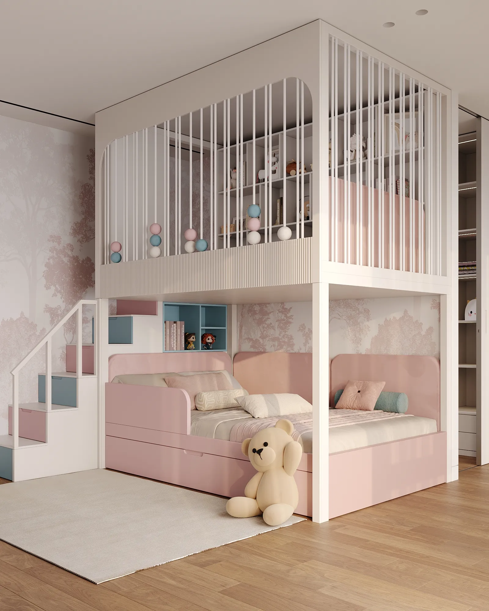 Bunk bed in a children’s room design for a girl